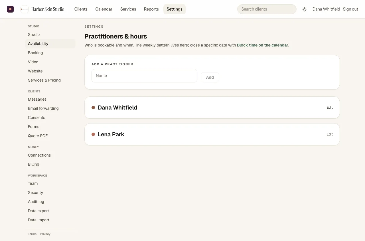 Settings, Availability: two practitioners with their services and weekly hours