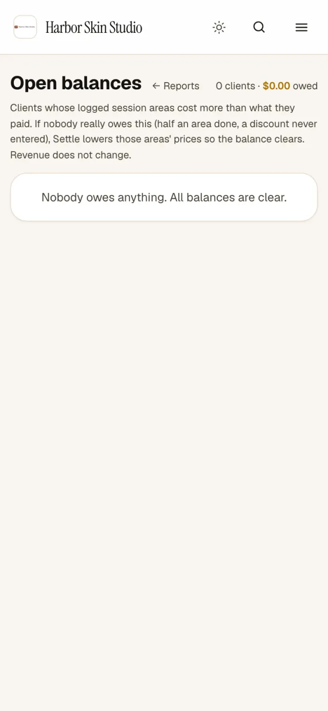 The Open balances report on a phone