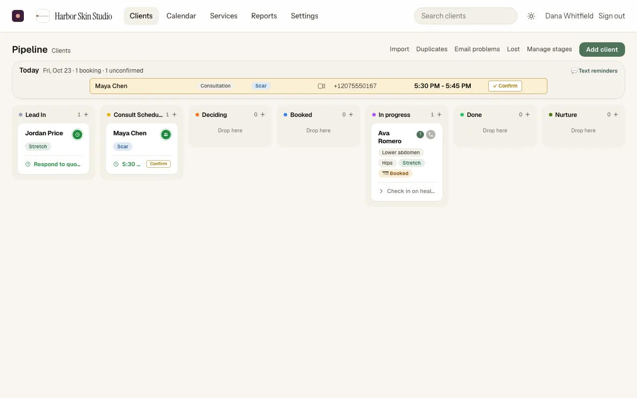 Every lead and client in a column, with today's visits and what needs confirming at the top