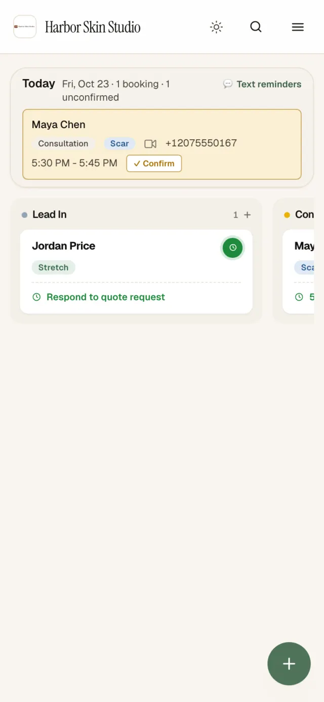 The board on a phone with a Start call button for today's consult