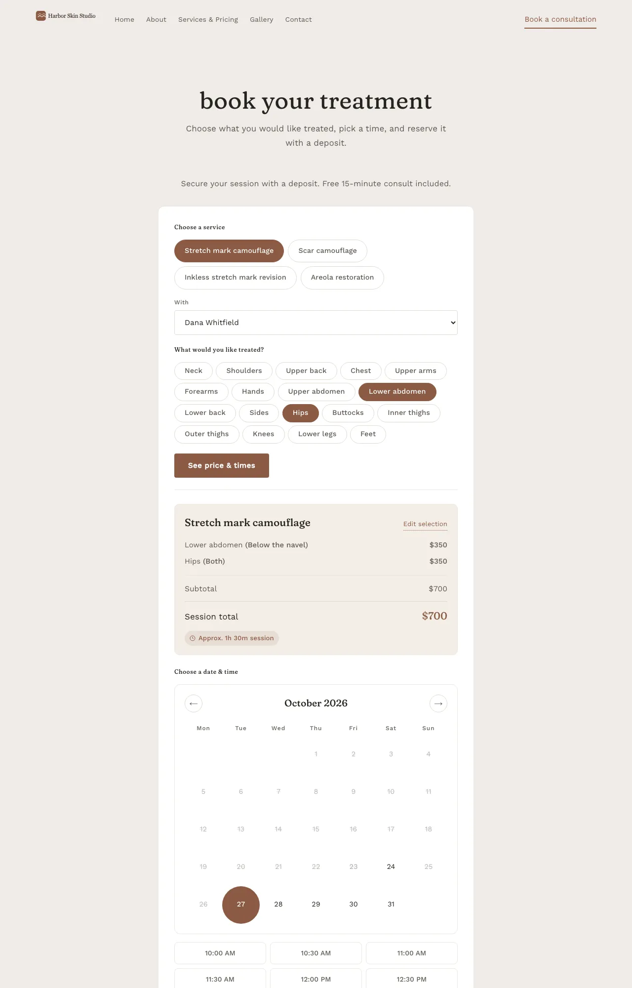 The booking page with a service chosen and areas being picked