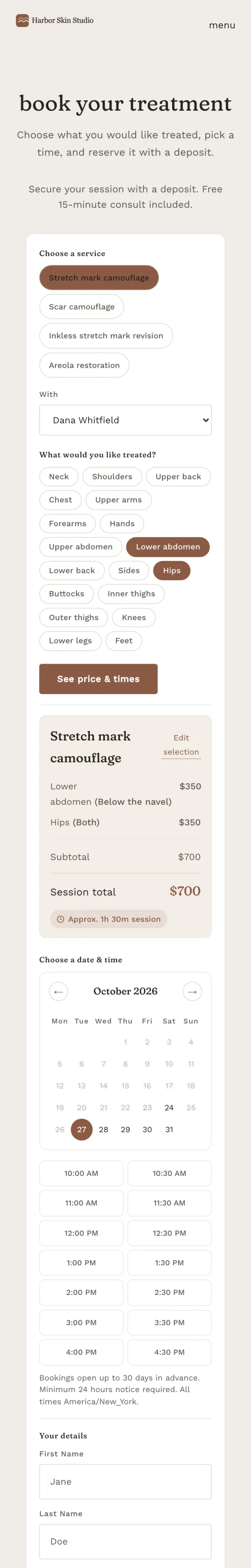 The booking page on a phone, mid-booking