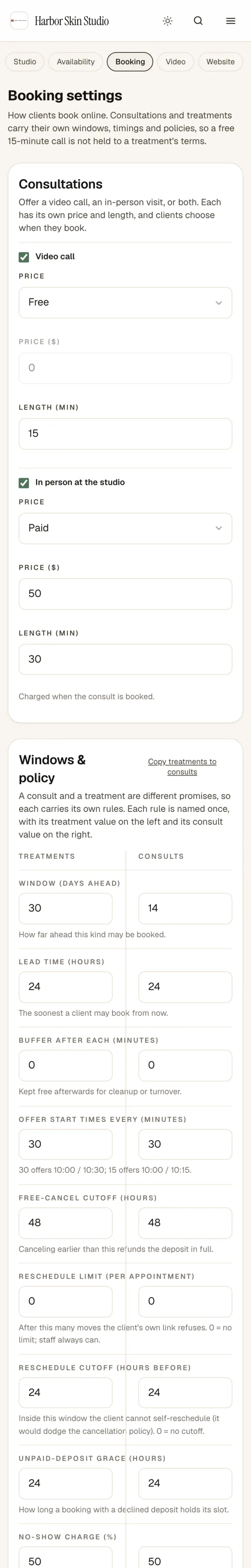 Settings, Booking on a phone: free-cancel hours, reschedule limits and the no-show percentage