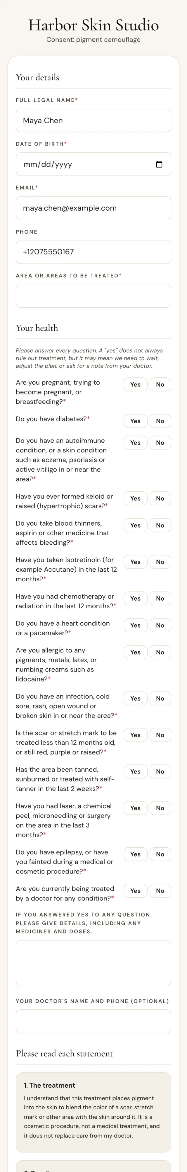 The signing page on a phone: Yes/No health questions and signature