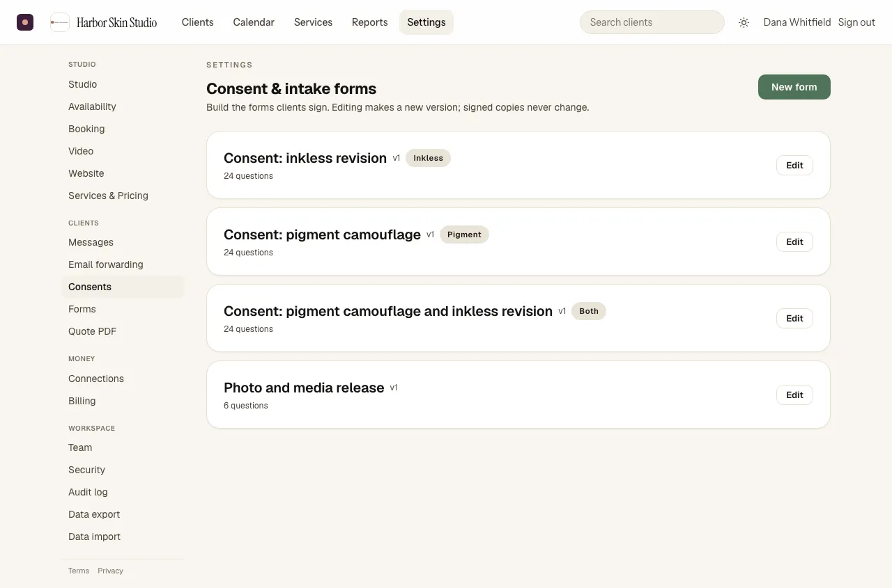 The consent form builder on the left, what the client sees on the right