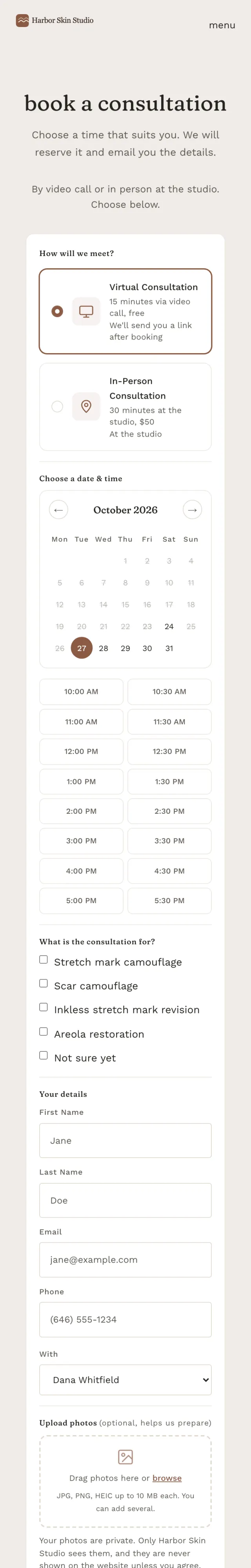 The consultation page on a phone: video or in person, pick a time