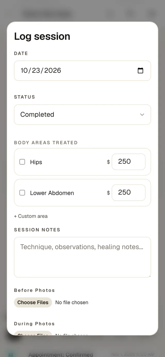 The Log session form on a phone