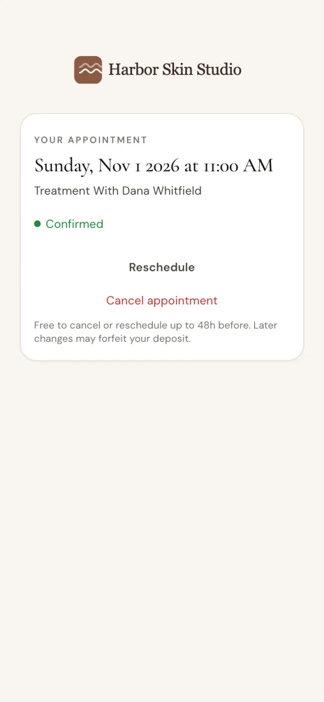 The client's manage link on a phone: confirm, move or cancel