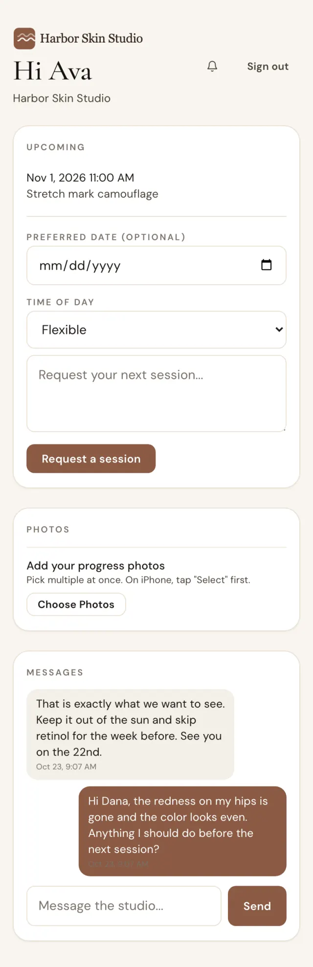 The client portal on a phone with photos due