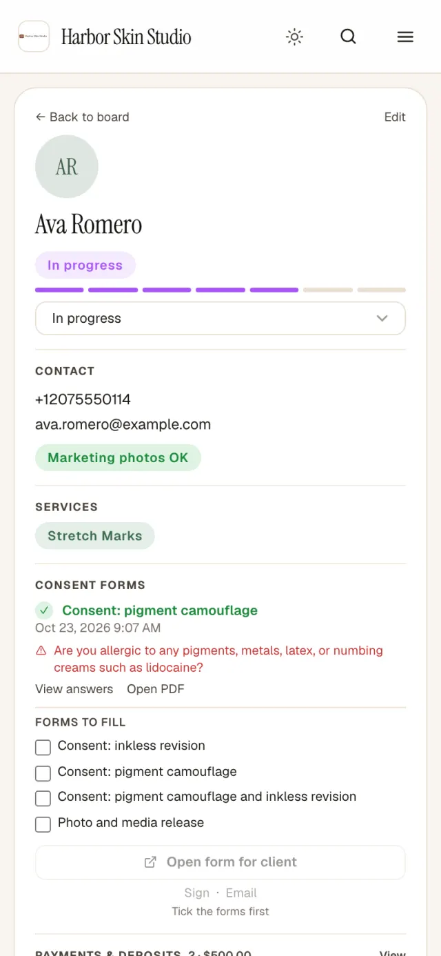 A client record on a phone