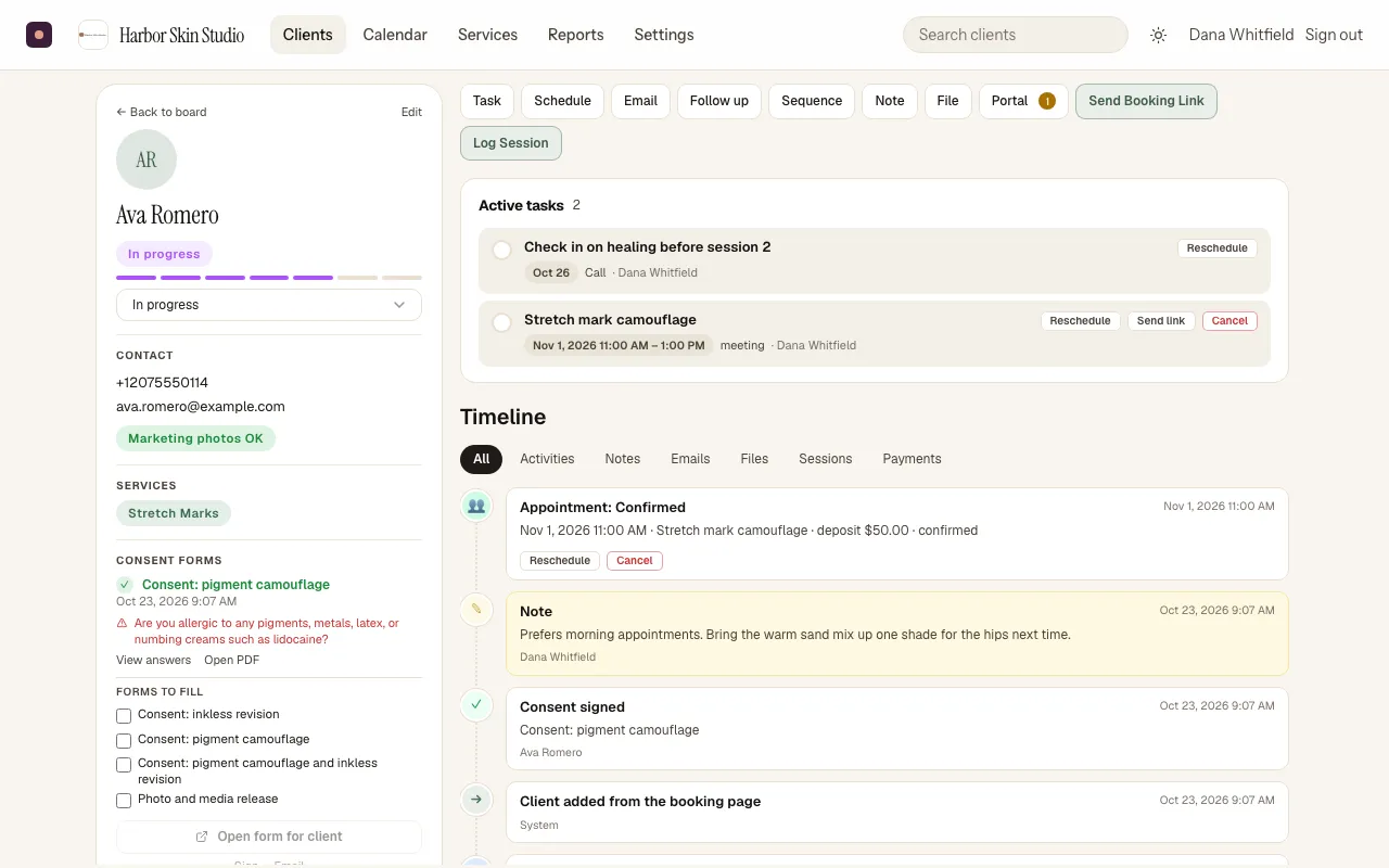 A client record scrolled to Payments and deposits