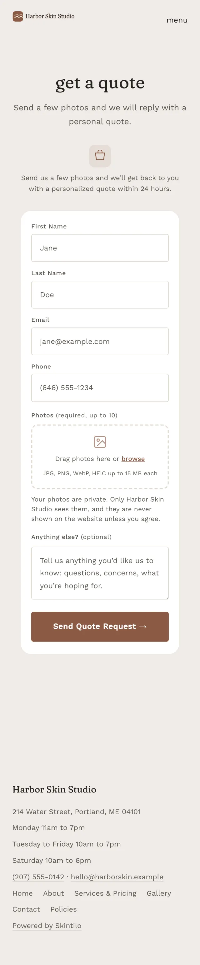The public Get a quote form on a phone