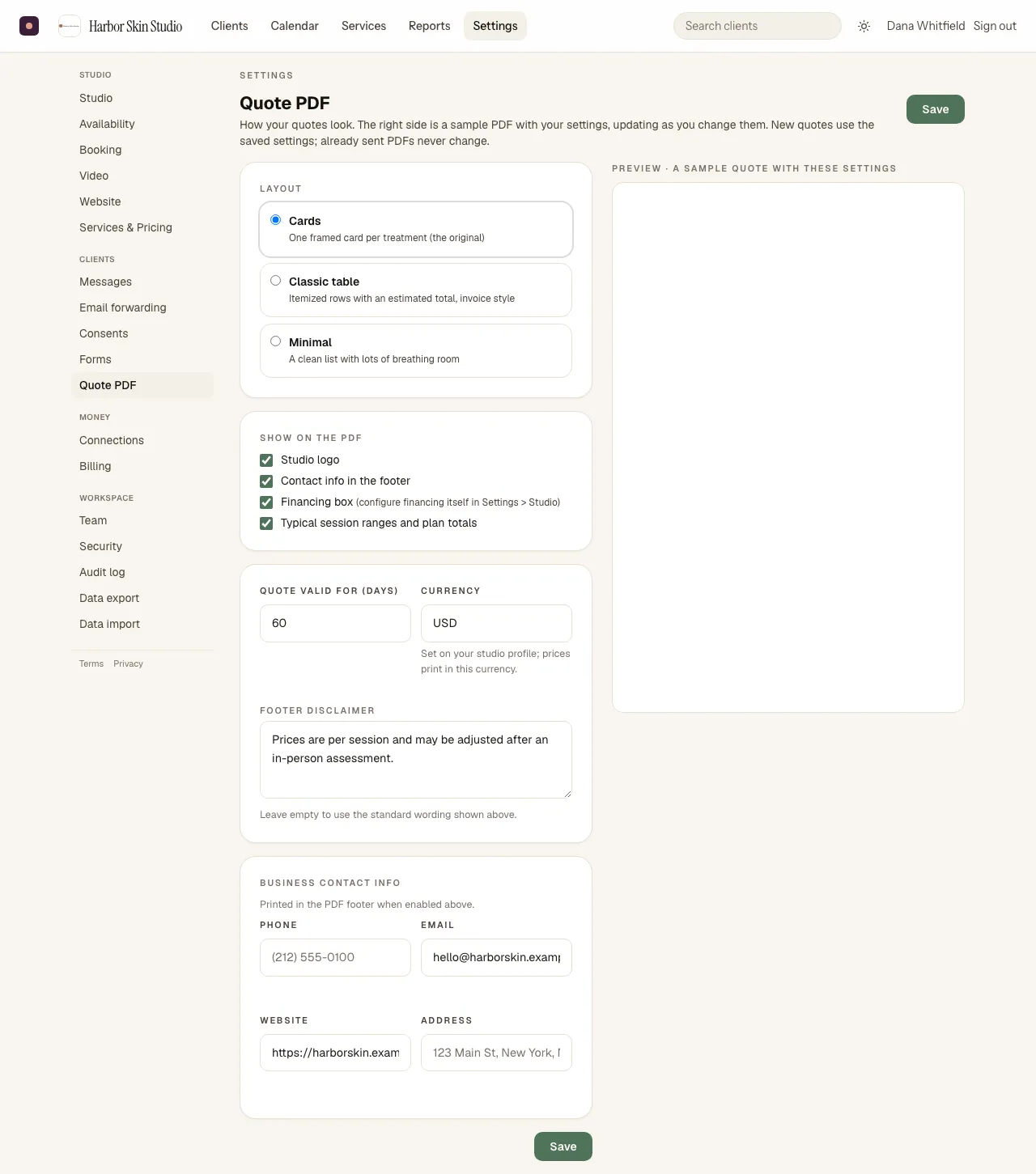 Settings, Quote PDF with a live preview of the quote