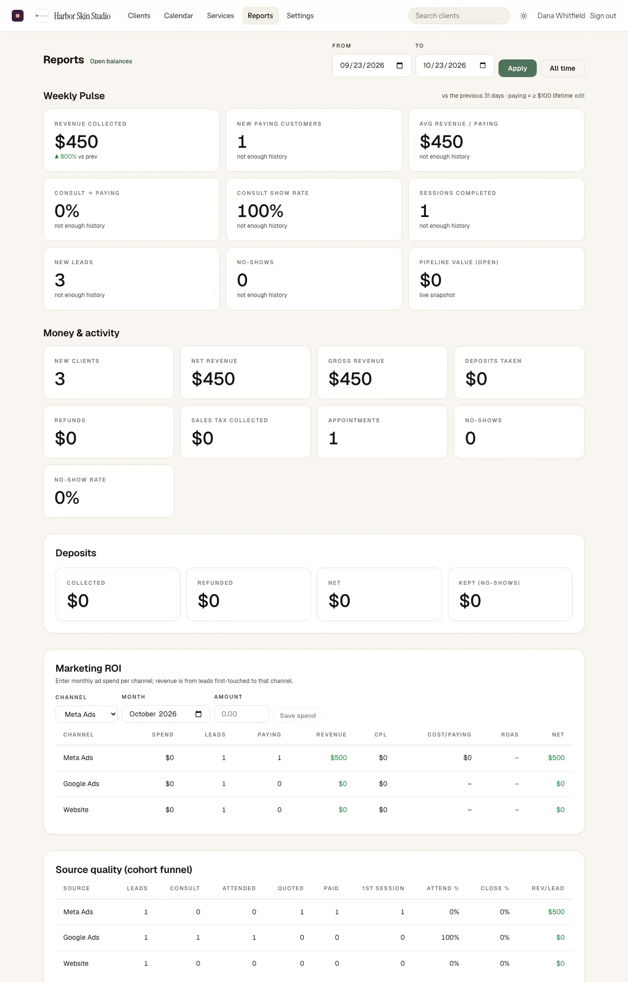 Money, deposits, no-shows and which ad or channel brought each client