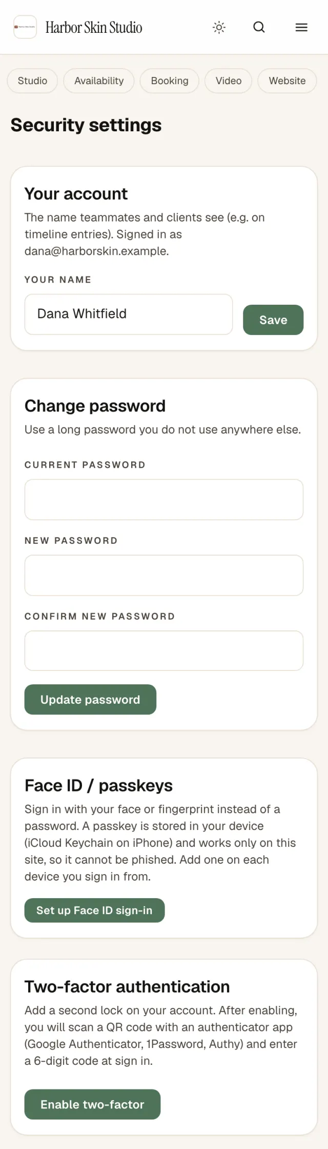 Settings, Security on a phone: password, passkeys and two-factor