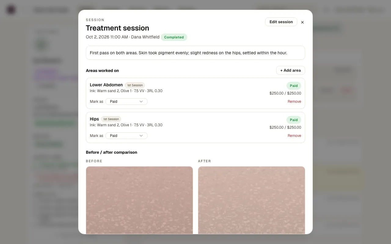 Areas, settings, payment and before, during and after photos, private, with a comparison view