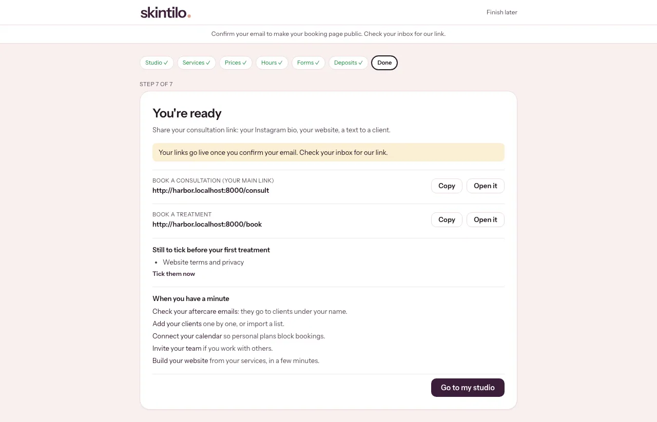 The guided setup: the steps done and what is left to tick before the first treatment