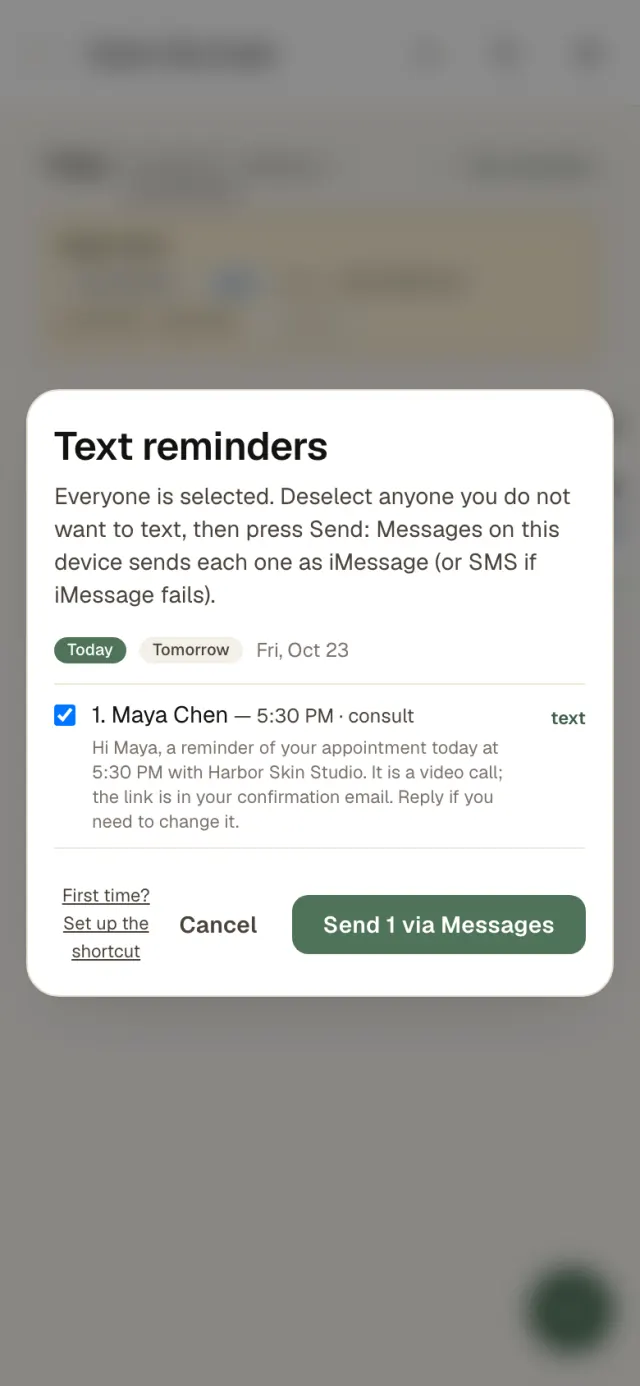 Text reminders on a phone: today's visit as a ready-made text, one tap to send