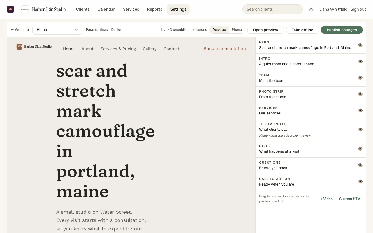 The website editor: the block list beside a live preview of the home page